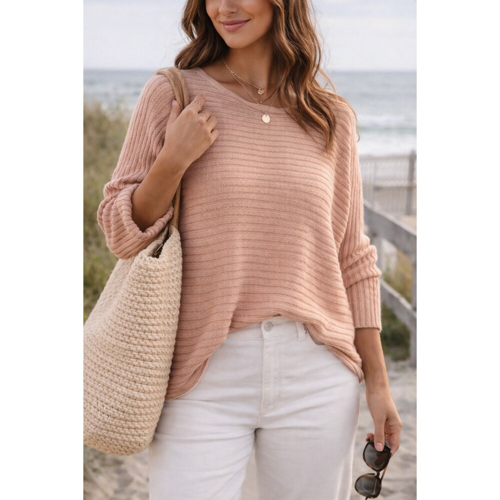 Free People Beach Horizontal Ribbed Dolman Sweater Blush Pink Oversized Small